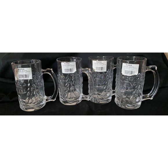 4 Mikasa Winter Season 12oz Clear Glass Mugs Trees with handle - Picture 1 of 4